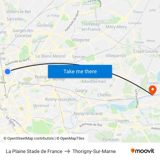 La Plaine Stade de France to Thorigny-Sur-Marne map