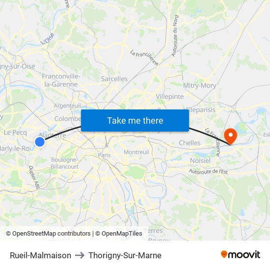 Rueil-Malmaison to Thorigny-Sur-Marne map