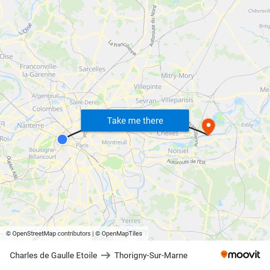 Charles de Gaulle Etoile to Thorigny-Sur-Marne map