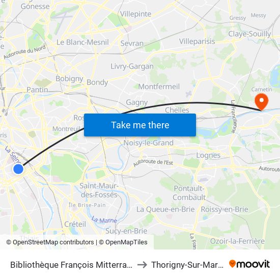 Bibliothèque François Mitterrand to Thorigny-Sur-Marne map