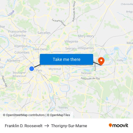 Franklin D. Roosevelt to Thorigny-Sur-Marne map