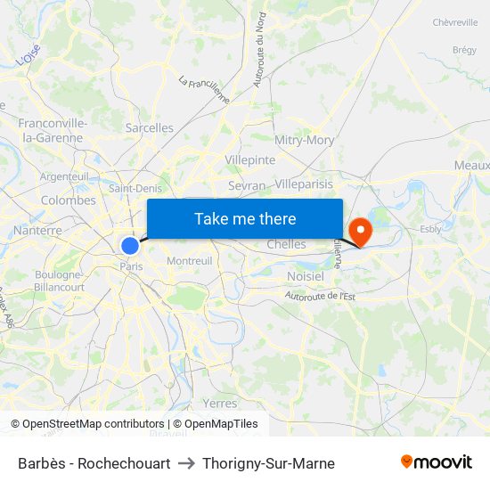 Barbès - Rochechouart to Thorigny-Sur-Marne map