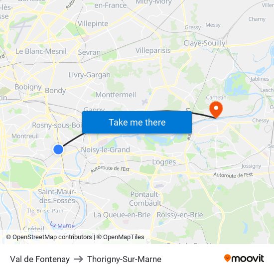 Val de Fontenay to Thorigny-Sur-Marne map