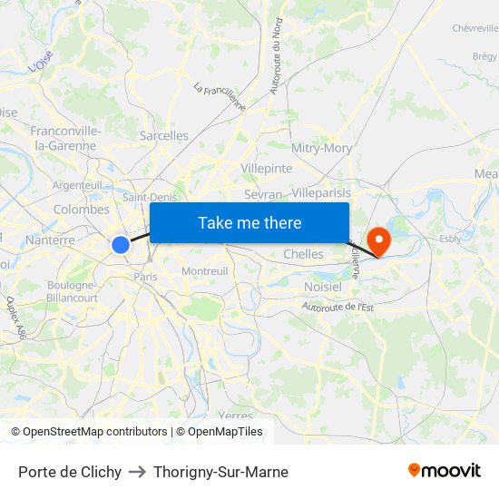 Porte de Clichy to Thorigny-Sur-Marne map
