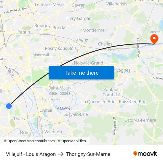 Villejuif - Louis Aragon to Thorigny-Sur-Marne map