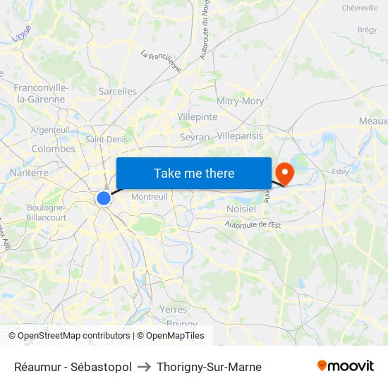 Réaumur - Sébastopol to Thorigny-Sur-Marne map