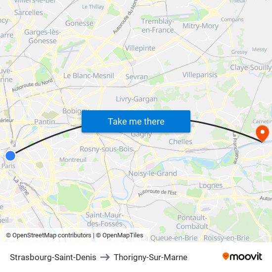 Strasbourg-Saint-Denis to Thorigny-Sur-Marne map