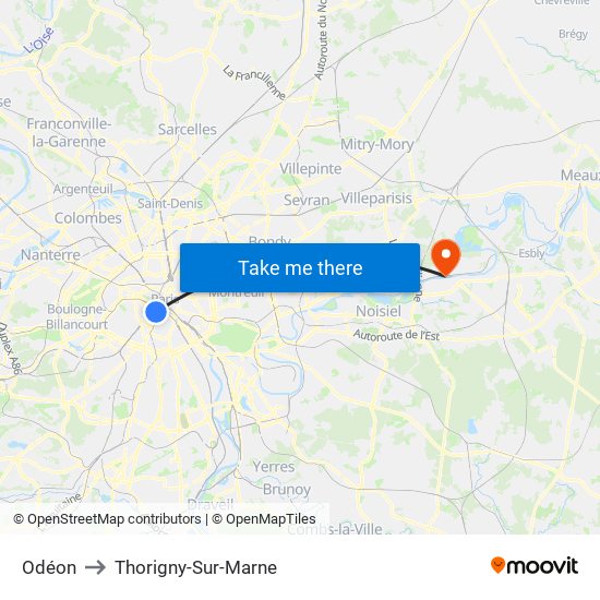 Odéon to Thorigny-Sur-Marne map