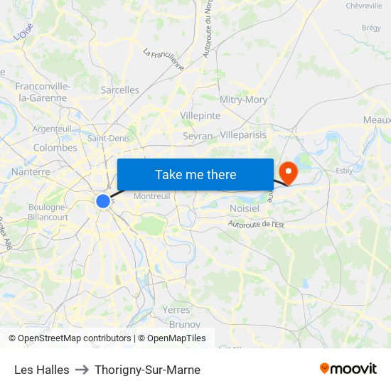 Les Halles to Thorigny-Sur-Marne map