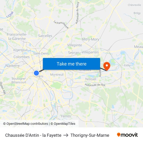 Chaussée D'Antin - la Fayette to Thorigny-Sur-Marne map