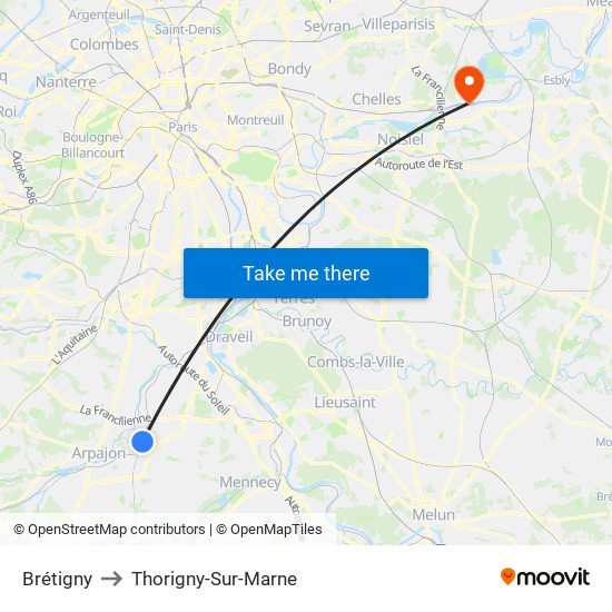 Brétigny to Thorigny-Sur-Marne map