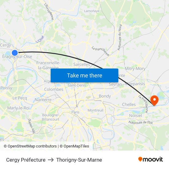 Cergy Préfecture to Thorigny-Sur-Marne map