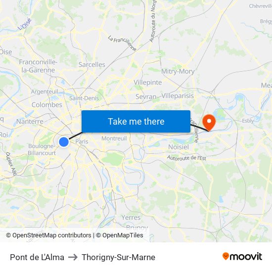 Pont de L'Alma to Thorigny-Sur-Marne map