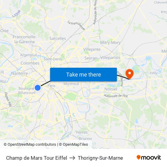 Champ de Mars Tour Eiffel to Thorigny-Sur-Marne map