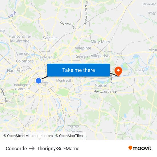 Concorde to Thorigny-Sur-Marne map