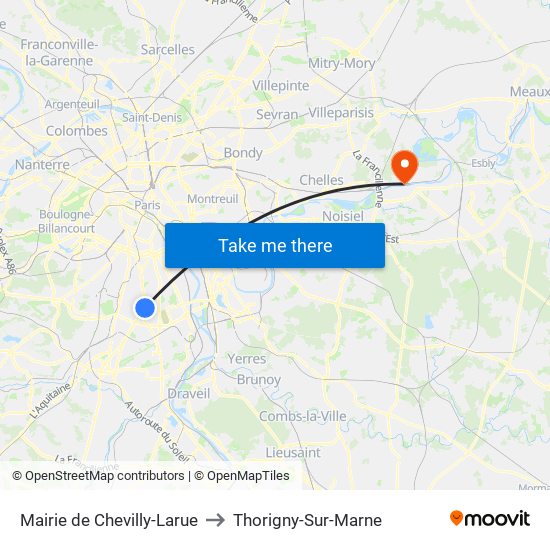 Mairie de Chevilly-Larue to Thorigny-Sur-Marne map