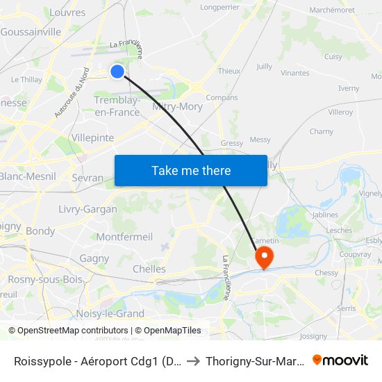 Roissypole - Aéroport Cdg1 (D3) to Thorigny-Sur-Marne map