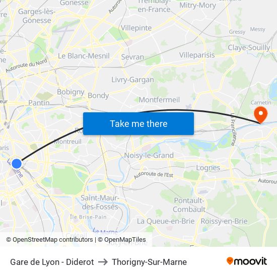 Gare de Lyon - Diderot to Thorigny-Sur-Marne map
