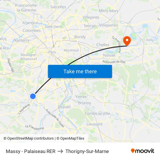 Massy - Palaiseau RER to Thorigny-Sur-Marne map