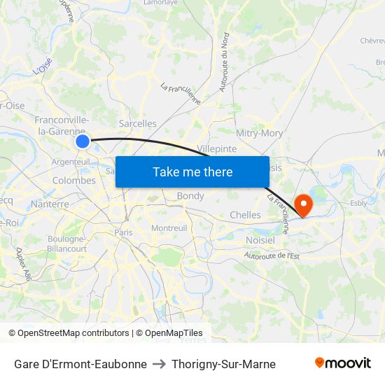 Gare D'Ermont-Eaubonne to Thorigny-Sur-Marne map