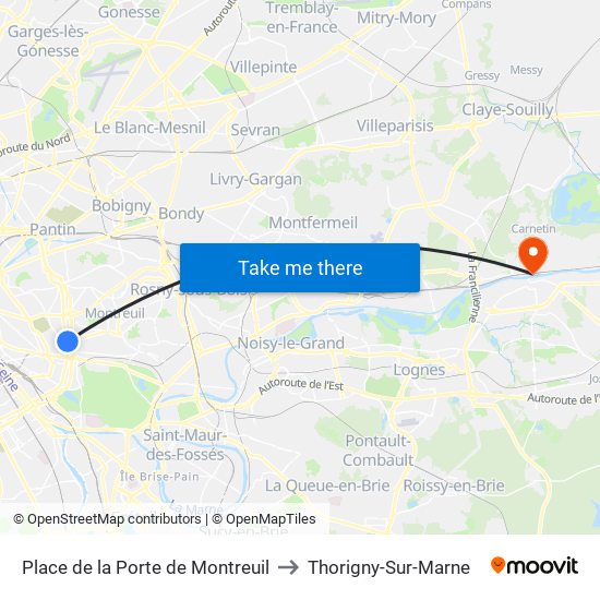 Place de la Porte de Montreuil to Thorigny-Sur-Marne map
