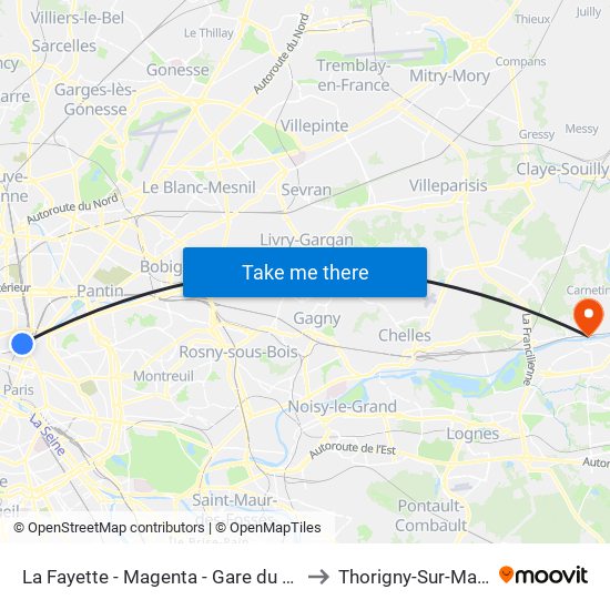 La Fayette - Magenta - Gare du Nord to Thorigny-Sur-Marne map