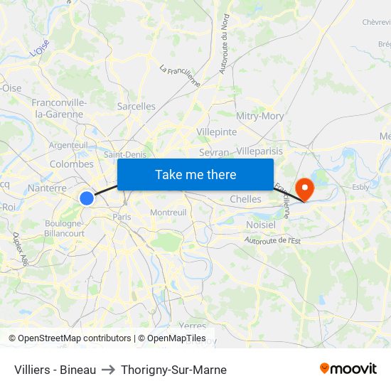 Villiers - Bineau to Thorigny-Sur-Marne map