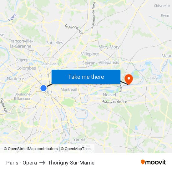 Paris - Opéra to Thorigny-Sur-Marne map
