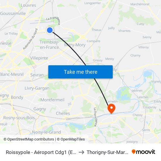 Roissypole - Aéroport Cdg1 (E2) to Thorigny-Sur-Marne map