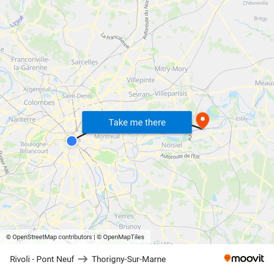 Rivoli - Pont Neuf to Thorigny-Sur-Marne map