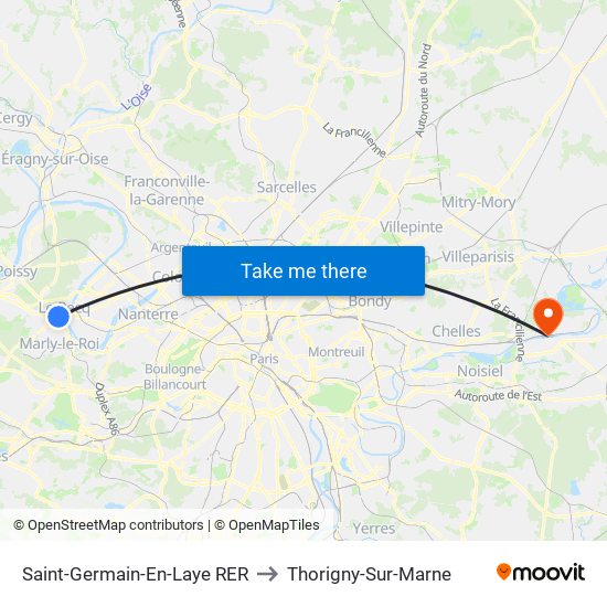 Saint-Germain-En-Laye RER to Thorigny-Sur-Marne map