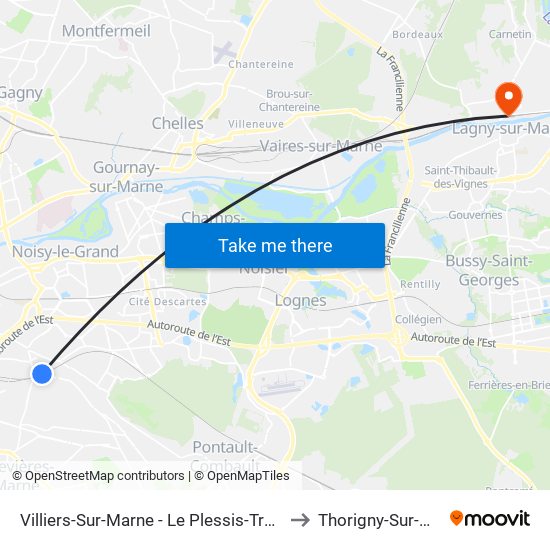 Villiers-Sur-Marne - Le Plessis-Trévise RER to Thorigny-Sur-Marne map