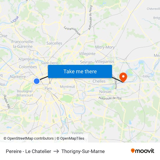 Pereire - Le Chatelier to Thorigny-Sur-Marne map