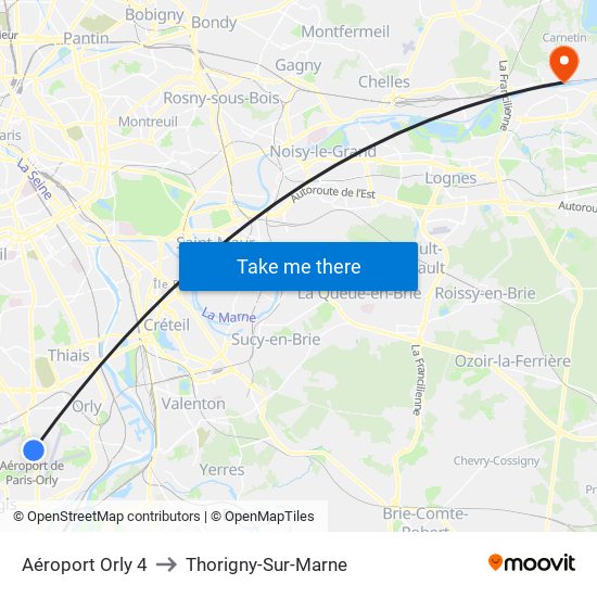 Aéroport Orly 4 to Thorigny-Sur-Marne map