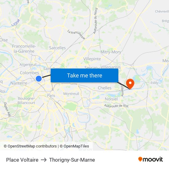 Place Voltaire to Thorigny-Sur-Marne map