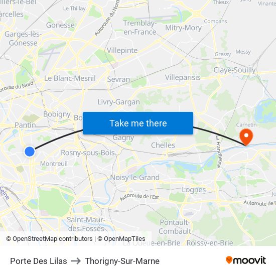 Porte Des Lilas to Thorigny-Sur-Marne map