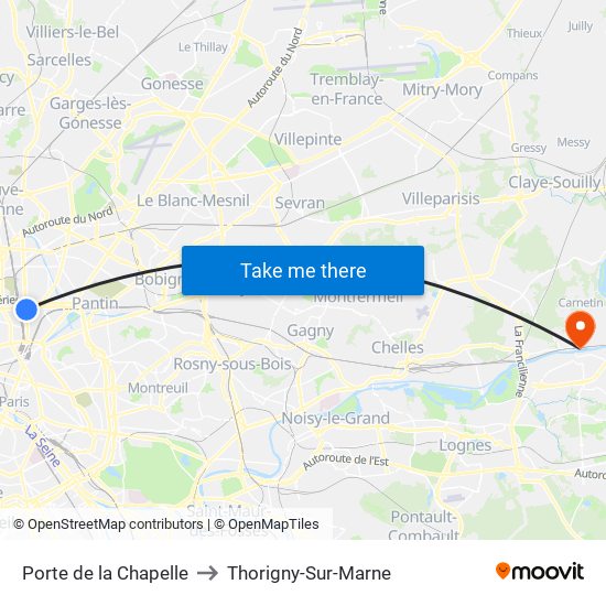 Porte de la Chapelle to Thorigny-Sur-Marne map
