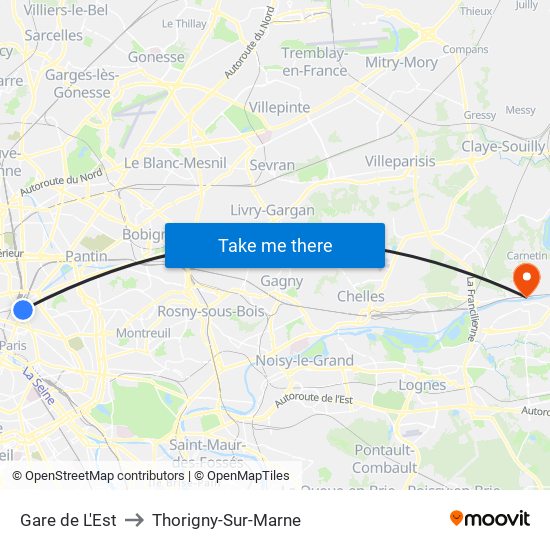 Gare de L'Est to Thorigny-Sur-Marne map