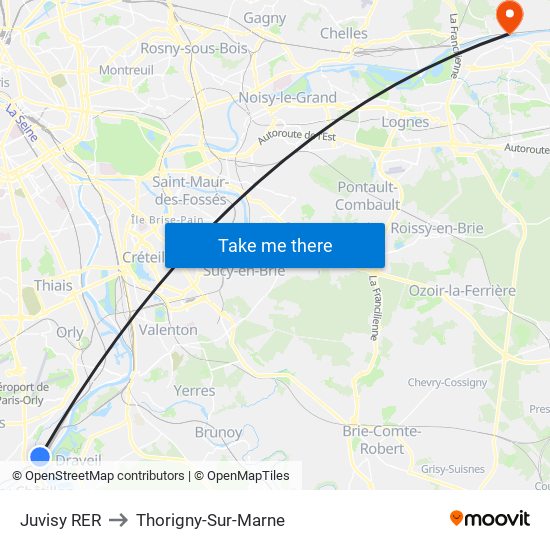 Juvisy RER to Thorigny-Sur-Marne map