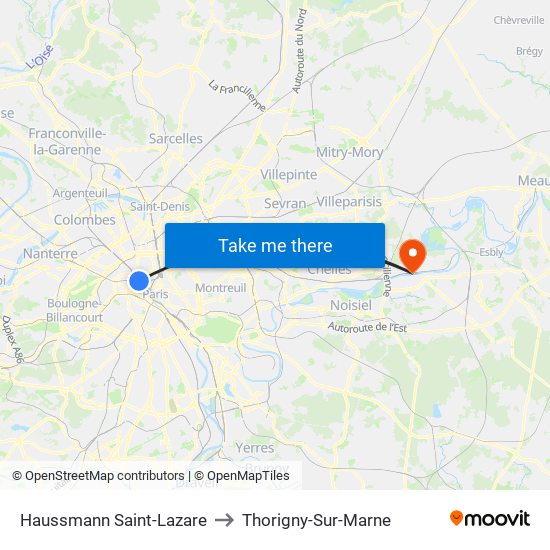 Haussmann Saint-Lazare to Thorigny-Sur-Marne map