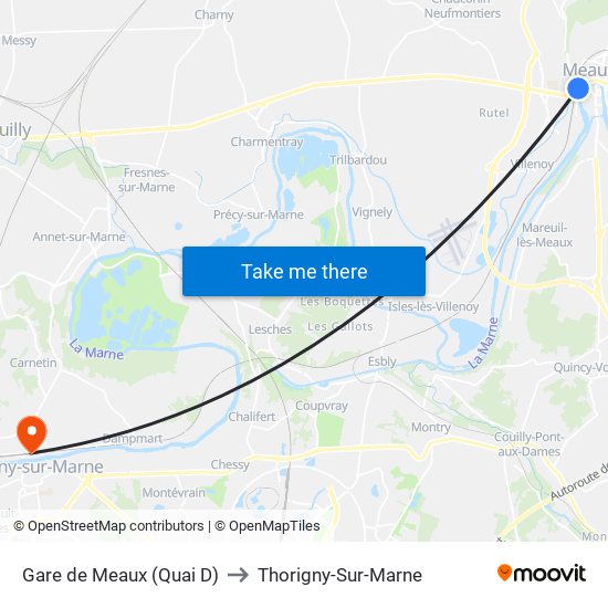 Gare de Meaux (Quai D) to Thorigny-Sur-Marne map