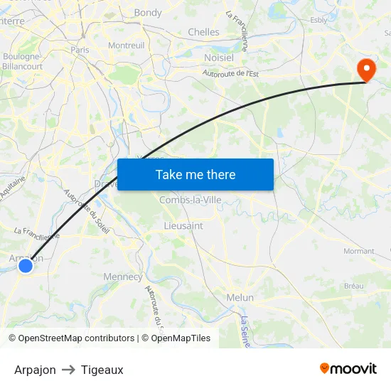 Arpajon to Tigeaux map