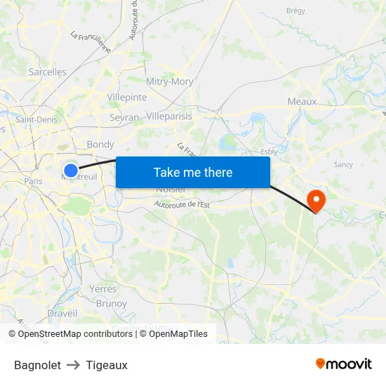 Bagnolet to Tigeaux map