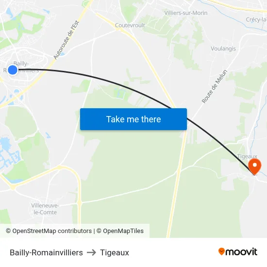 Bailly-Romainvilliers to Tigeaux map