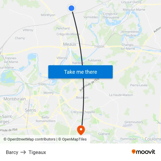 Barcy to Tigeaux map