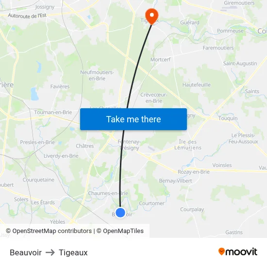 Beauvoir to Tigeaux map