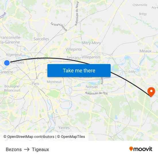 Bezons to Tigeaux map