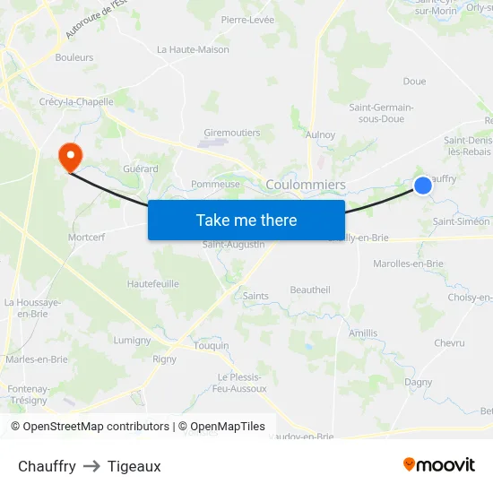 Chauffry to Tigeaux map