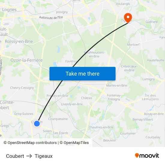 Coubert to Tigeaux map