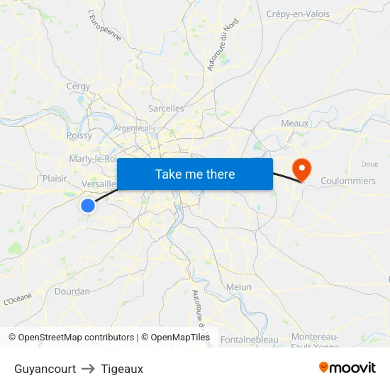 Guyancourt to Tigeaux map